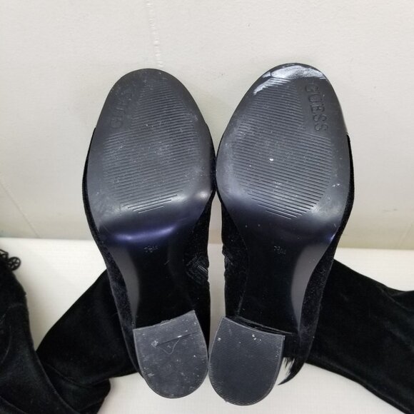 Guess 7.5 Black Velvet Thigh High Heeled Boots LOLO Patent Leather Cap Toe - Picture 4 of 10